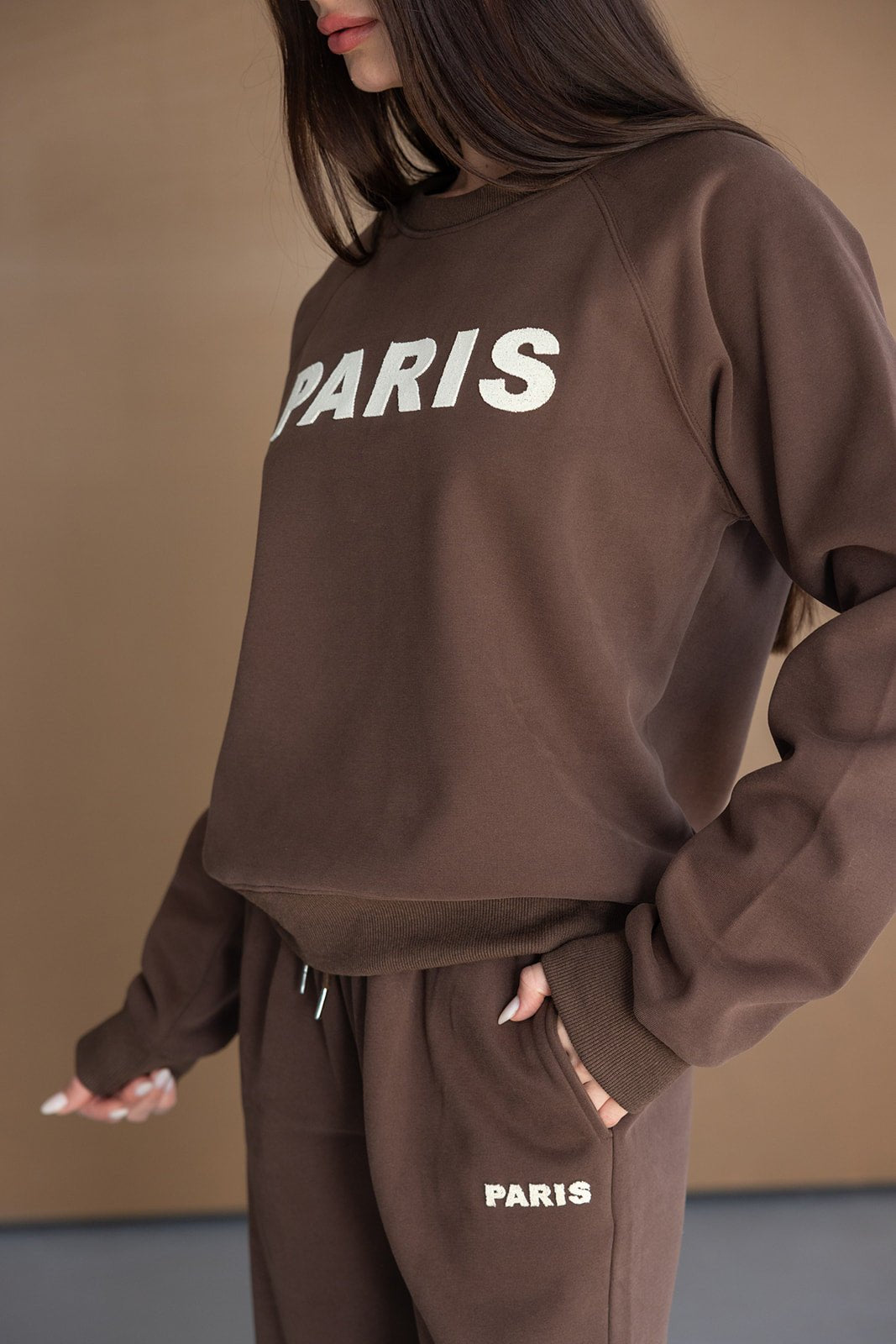 סט טרנינג חום לנשים עם כיתוב PARIS, אופנת רחוב יומיומית לנערות