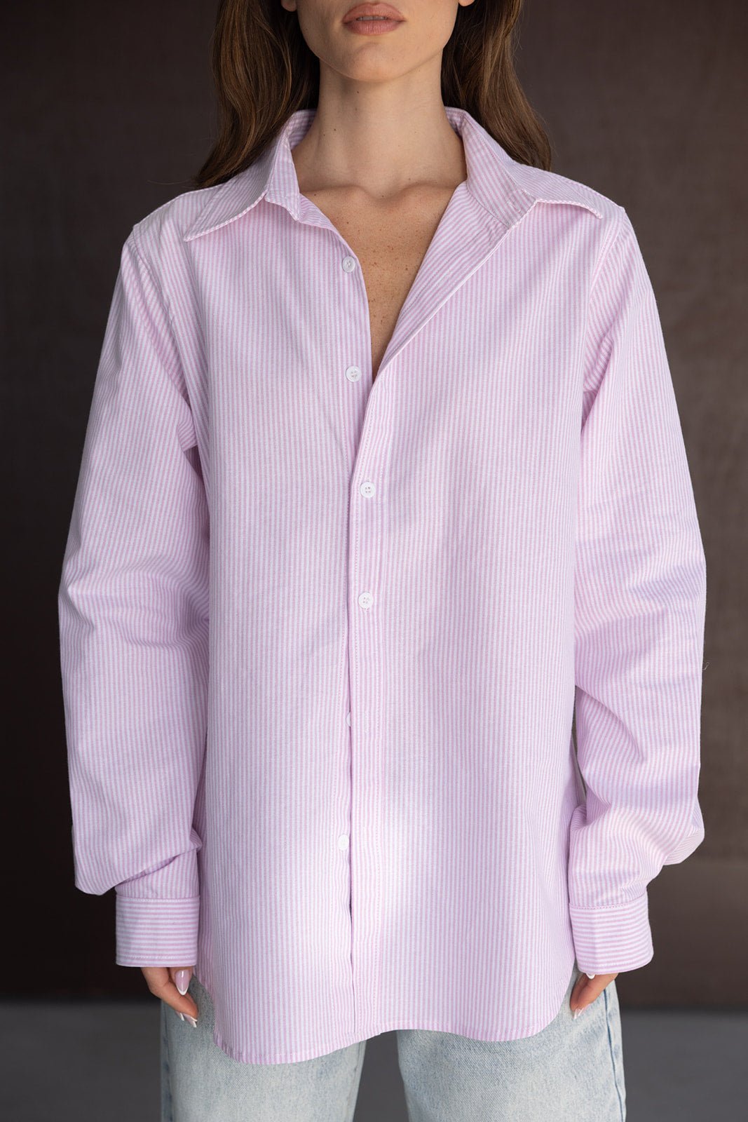 חולצה מכופתרת לנשים מפוספסת בצבע ורוד לבן, שרוולים ארוכים, מראה קז'ואל אופנתי