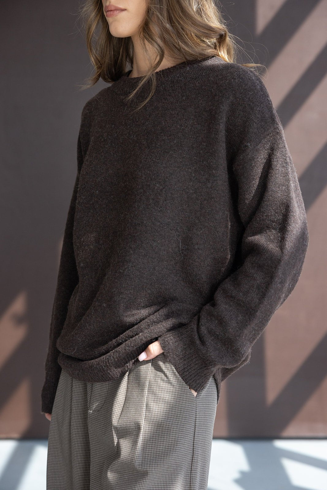 דוגמנית עם סוודר חום רחב ומכנסיים משובצים אופנתיים לאישה, צילום אופנה עדכני