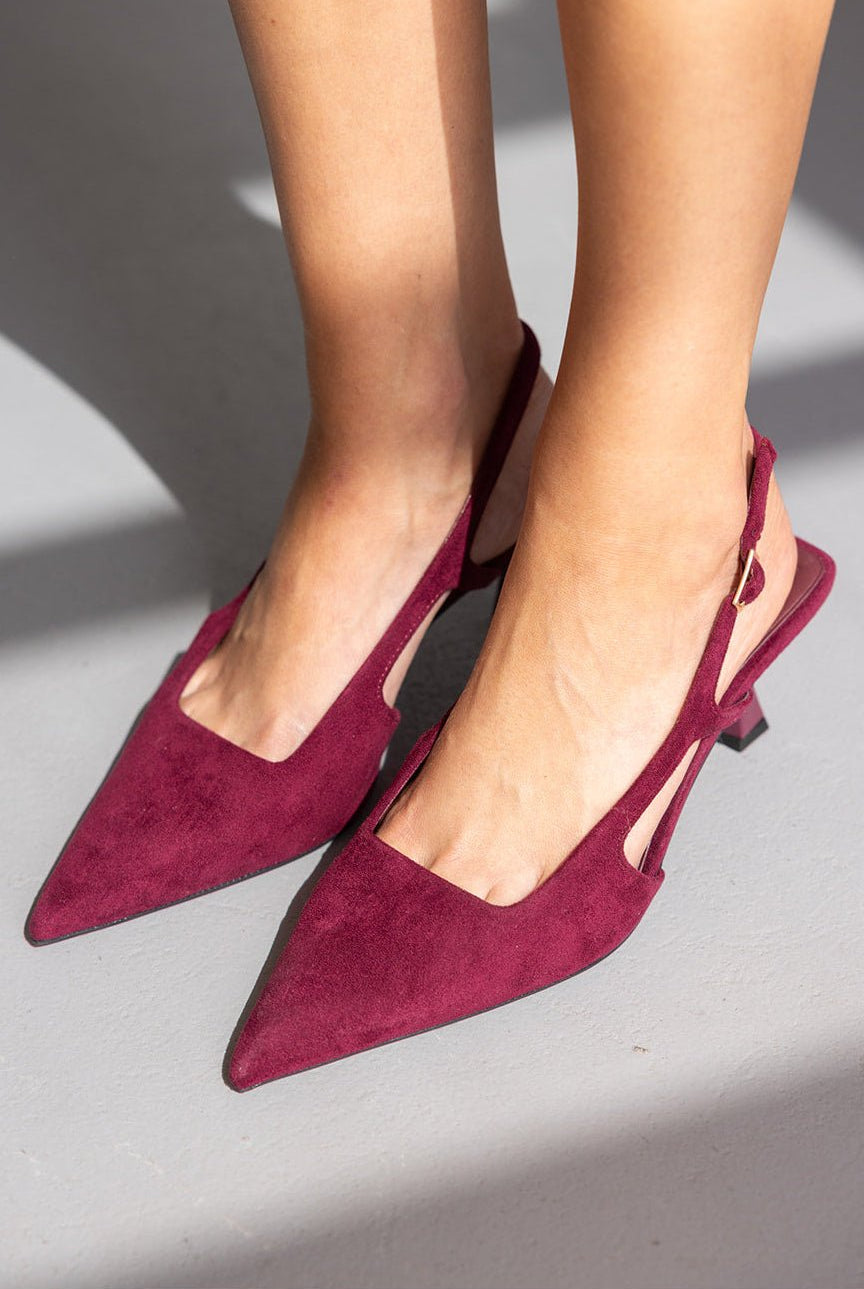 נעלי עקב אלגנטיות בצבע בורדו לנשים, קצה מחודד ורצועה אחורית, אופנת קיץ לנערות