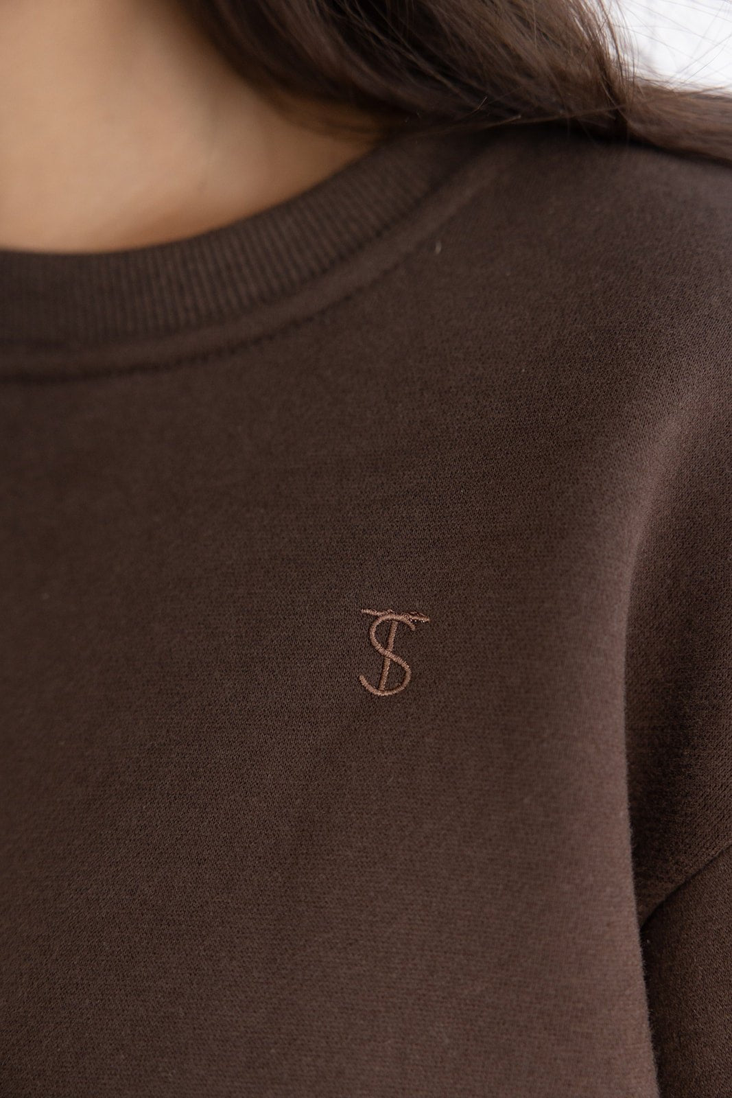 חולצת בייסיק חומה לנשים, צווארון עגלגל, רקמת לוגו קטנה בחזית