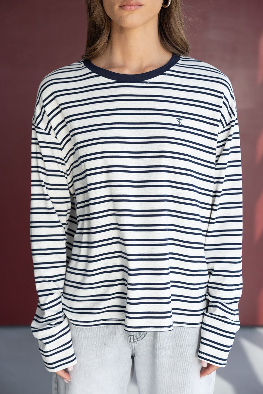 חולצת פסים לנשים עם שרוול ארוך, צווארון כחול, לוק קז'ואל אופנתי