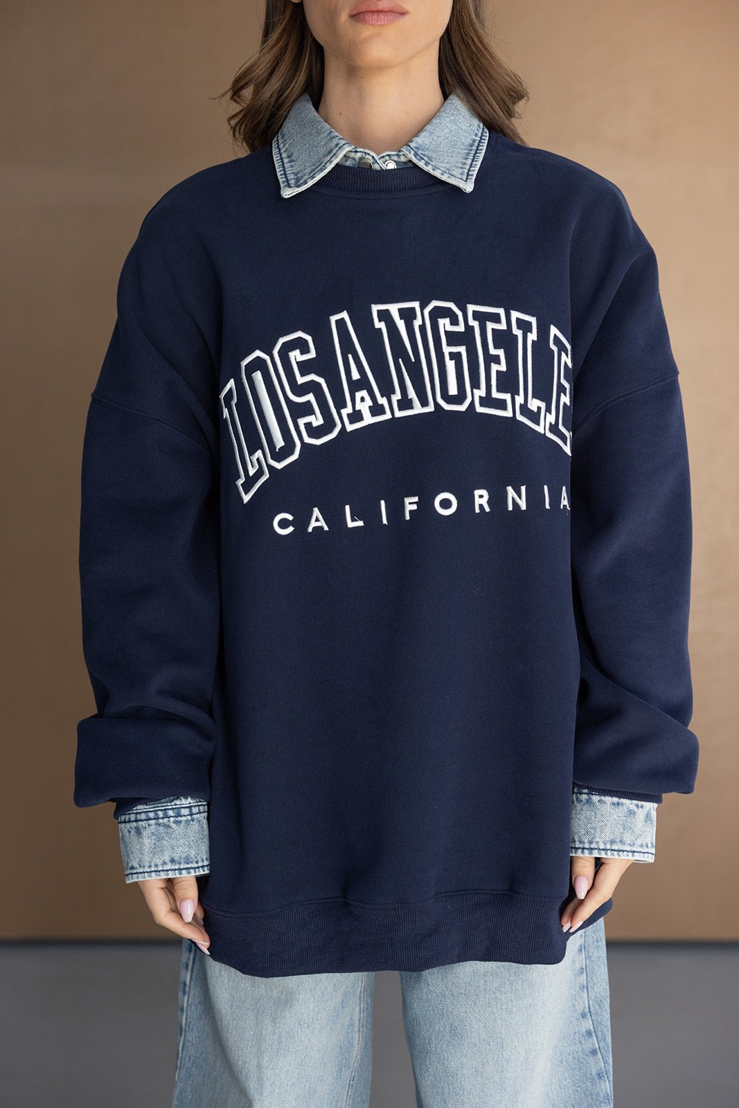 סווטשירט נשים כחול כהה עם הדפס LOS ANGELES, שרוולי ג'ינס, אופנה לנערות