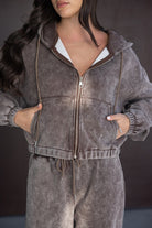 סט חולצת קפוצ'ון ורוכסן לנשים, גוון חום אפור, אופנת רחוב טרנדי לנערות