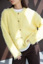 קרדיגן צמר צהוב לנשים עם שרוולים ארוכים וכפתורים, אופנת חורף לנערות