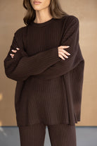 סט ביגוד נשים חורפי, סוודר וחולצה ארוכה מצמר חום כהה, אופנה לנערות