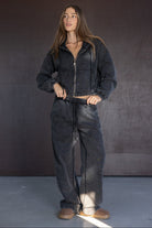 סט טרנינג נשים אופנתי בצבע שחור עם רוכסן, דגם רחב ושרוכים, אופנת רחוב לנערות