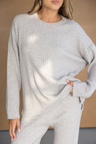 סט פיג'מה נשים אפור בהיר, בד ריב איכותי, חולצה ומכנסיים, אופנת נשים נוחה וטרנדית