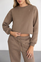 סט טרנינג נשים חום בגזרה רגילה, חולצה ארוכה ומכנסיים עם קשירה, אופנת רחוב לנוער