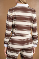 סט פסים חום לבן לנשים, חולצה ומכנסיים עם שרוול ארוך, אופנה צעירה ועדכנית